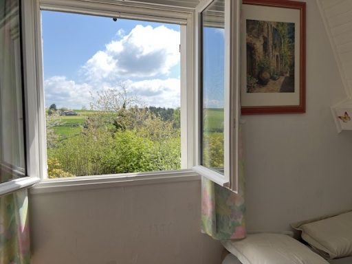 Fenêtre ouverte de la chambre Fleur de printemps sur la colline verdoyante