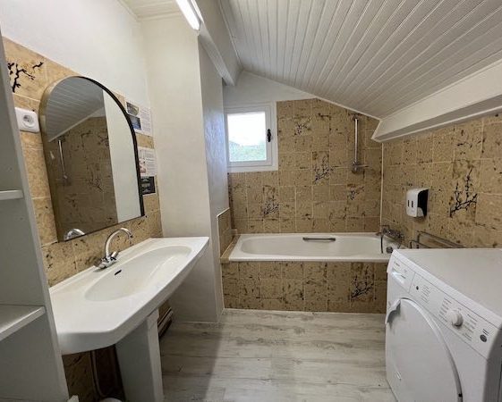 Salle de bain avec vasque et grand miroir, baignoire douche et sèche-linge