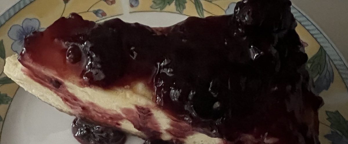 Part de gâteau lyonnais aux fruits rouges coulants servi sur une assiette décorée végétation