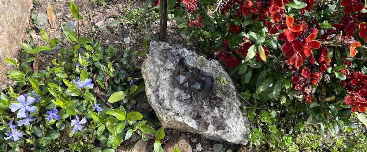 Améthyste entourée de pervenches et giroflées, symbole de bien-être & calme