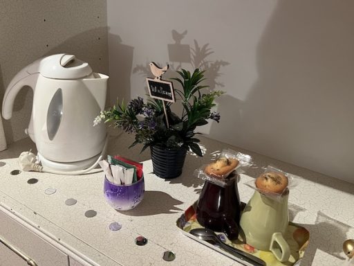 Détail du plateau d'accueil de la chambre double Perle avec décoration, bouilloire, 2 tasses, thés cafés et 2 madeleines.